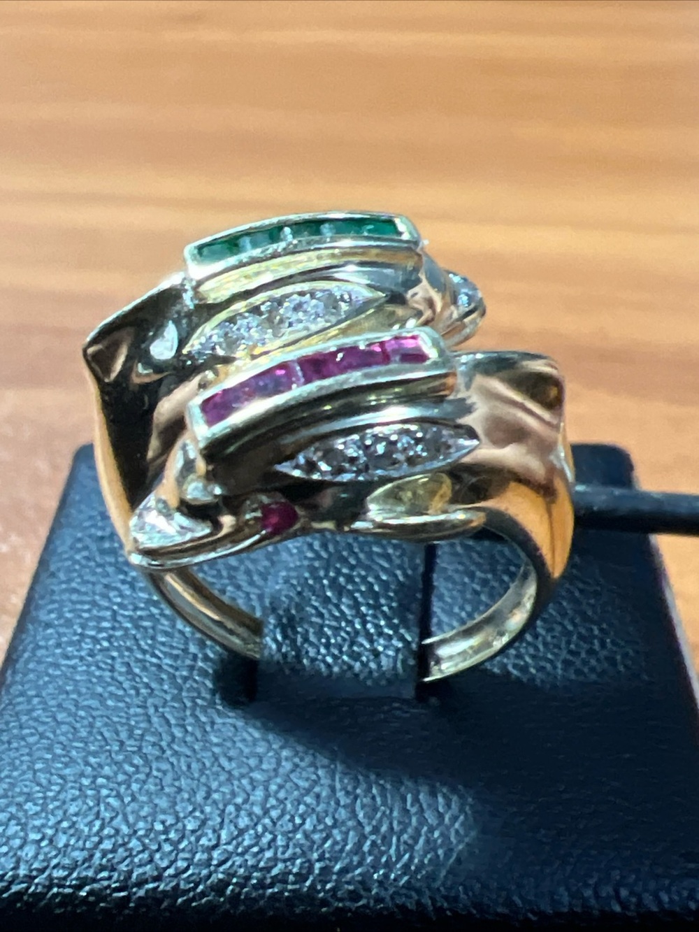 14k Yellow Gold Channel Set Emerald Ruby Double Dolphin Motif Ring Size 6.5